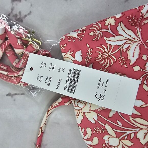 J Crew Swim Top 2X Pink Floral Bandeau Bikini Tie Back String Ring Halter BH555 - Picture 9 of 10